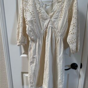 lovestitch Cream Eyelet V-Neck Tie-Back Mini Dress